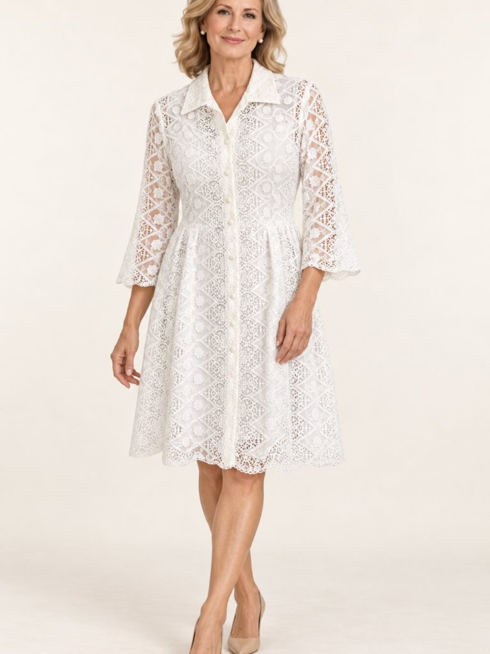Women's White Lace Long-Sleeve Shirt Dress - Elegant Collared Design